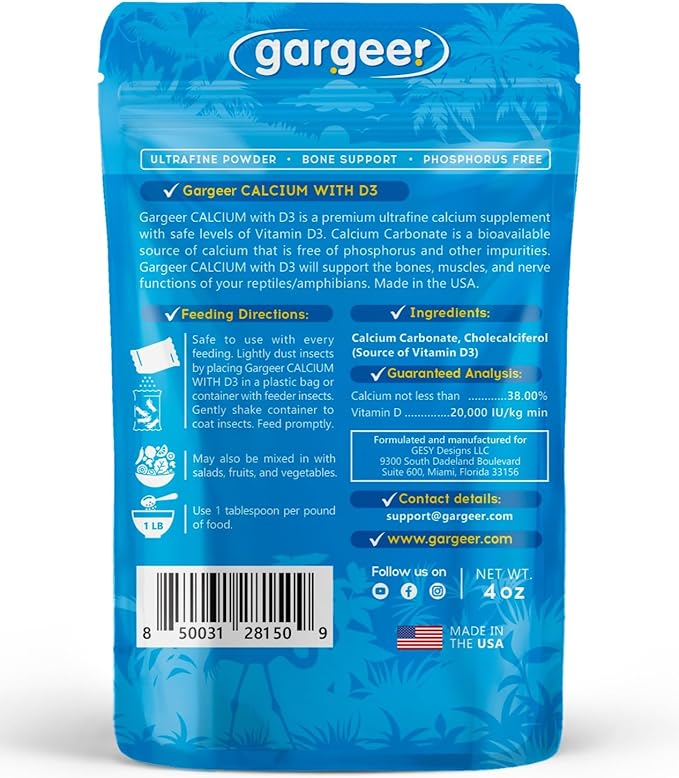 4oz All Reptile Calcium Powder with Vitamin D3, Phosphorus-Free, Ultrafine Powder, Pure Dust & Ready to Use for All Reptiles, Lizards & Amphibians Supplement. Made in The USA. Enjoy !