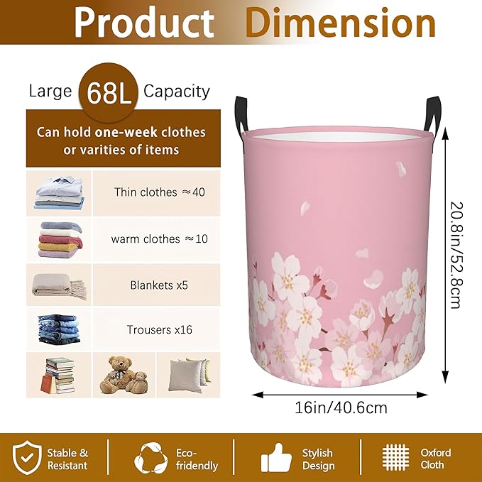 Japanese Cherry Blossom,Pink Flowers Laundry Basket,Waterproof Foldable Laundry Hamper,Dirty Clothes Laundry Basket, Linen Bin Storage Organizer for Toy Collection 16" x 20"