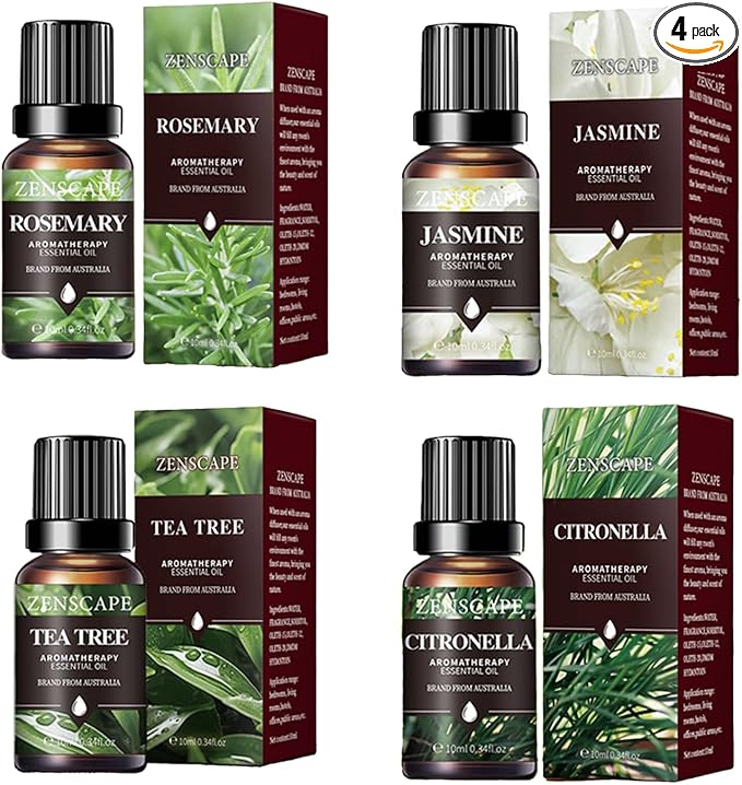 Lemongrass Rosemary Tea Tree Jasmine Essential Oils Set - 4x10ml Uplifting Blends for Energy & Mental Clarity