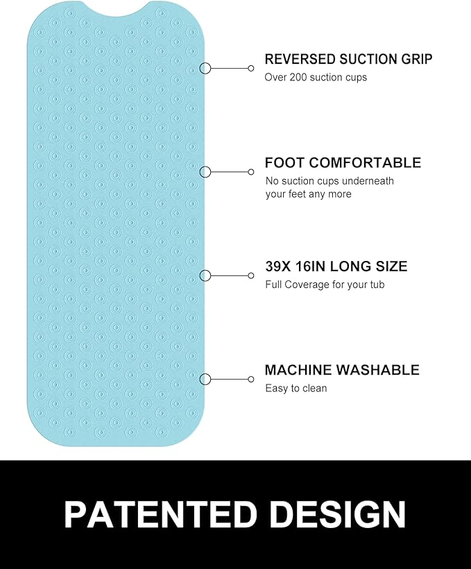 OTHWAY No Suction Cup Bath Mat: 39x16 inch Extra Long Bathmat│Perfect for Refinished or Ordinary Bath Tubs│Made of Nature Rubber│a Blessing for The Elderly and Children (Lake Blue)