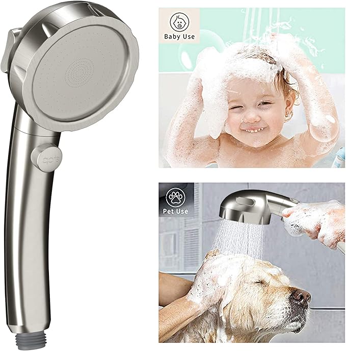 KAIYING Drill-Free High Pressure Handheld Shower Head with ON/OFF Switch, 3 Spray Modes - Brushed Nickel