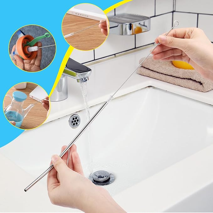 5 Pack Bottle Cleaning Brush Set, Stainless Steel Scrub Cleaner Brush with 15'' Long Handle and 3 Straw Brushes, Flexible for Cleaning Sport Water Bottles, Straws, Coffee Mug, Cups, Baby Bottle