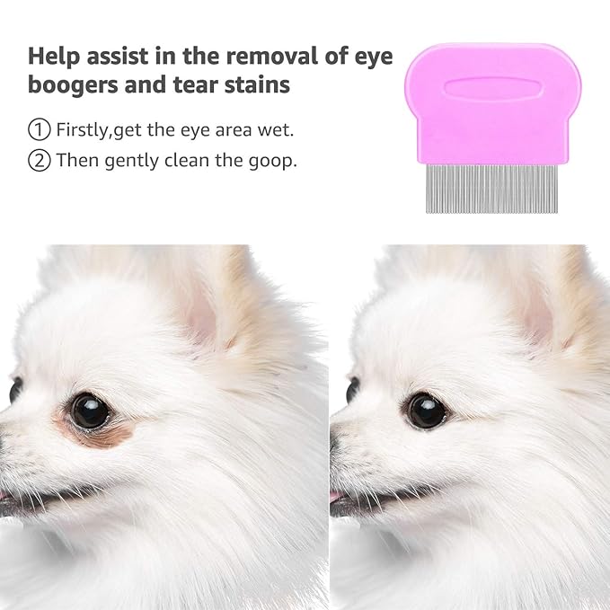 Flea Comb For Dogs & Cats Pet Comb Grooming Set 5 Pieces Metal Teeth Durable Remove Tear Stain Float Hair Combing tangled hair Dandruff Add Storage Pouch (pink)