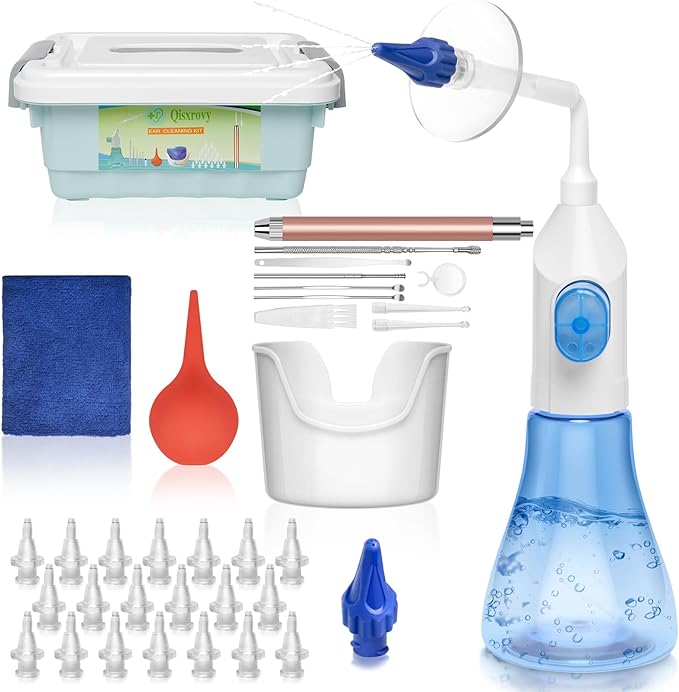 Ear Wax Removal Tool, Ear Cleaning Kits Safe Ear Irrigation Kit Ear Flush Kit for Adults Kids, Ear Wax Washer Device with LED Earwax Spoon, Basin, Bulb, Curette Kit, Towel,Tips,Storage Box,Blue,50pcs