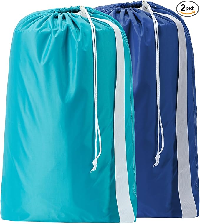HOMEST 2 Pack XL Nylon Laundry Bag with Strap, Large Dirty Clothes Organizer, Easy Fit a Laundry Hamper or Basket, Can Carry Up to 4 Loads of Laundry, Sky Blue and Blue