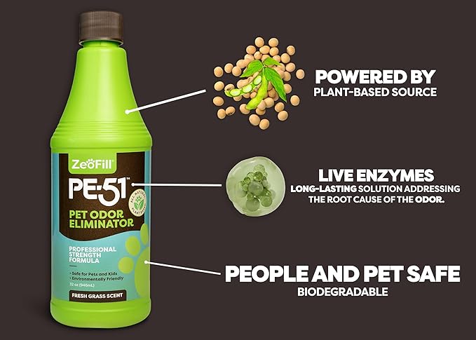 Zeofill PE-51 Pet Odor Eliminator – Urine Odor Neutralizer with Max Flow Garden Hose Spray Nozzle | Pet, Turf & Yard Smell Remover | Cat & Dog Pee Deodorizer Spray | All Natural Enzymes | 32oz Bottle