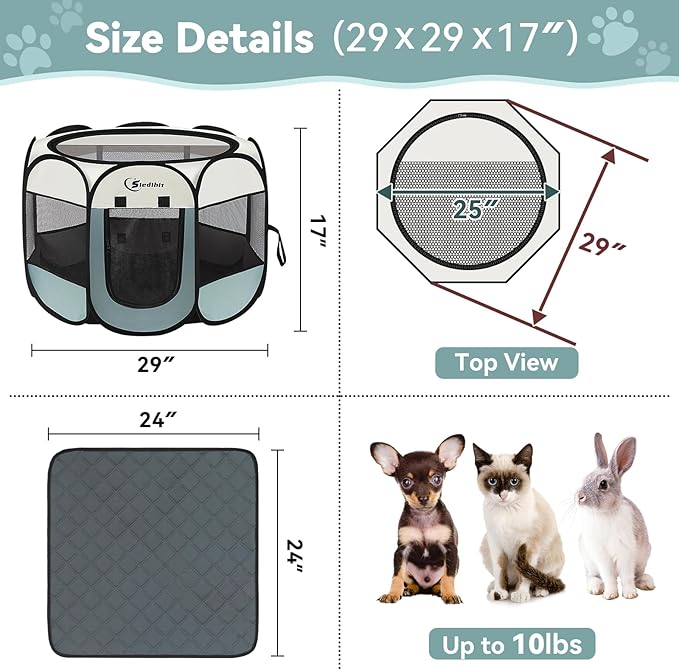 Dog Playpen with Washable Pee Pad, Puppy Pet Cat Playpen Small Dogs Tent Crate Indoor/Outdoor, Portable Pop Up Kennel with Carrying Case for Cats/Rabbits(Grey (29" x 29" x 17") with pad)