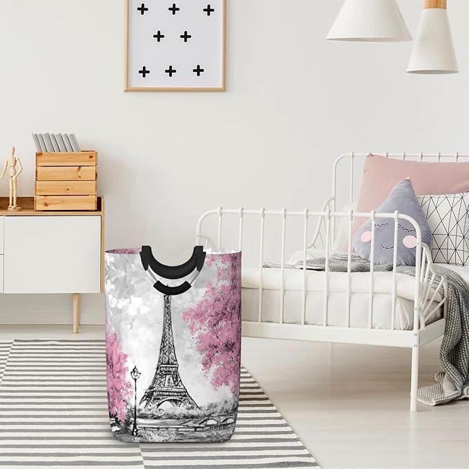 Paris Eiffel Tower Large Laundry Hamper Bag With Waterproof Liner - Laundry Basket Foldable Clothes Storage Organizer For Bathroom Bedroom Nursery Dorm