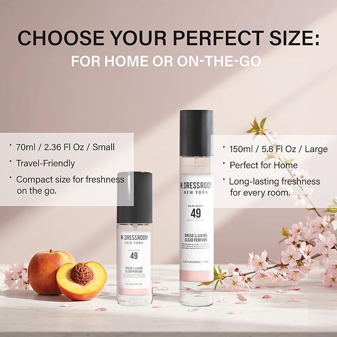 W.Dressroom No.49 Peach Blossom Living Clear Perfume, Body Mist & Fabric Spray Deodorizer, Alcohol-Free Water-Based, Odor Neutralizer for Clothes, Bedding & Room, Travel Size 2.36 oz