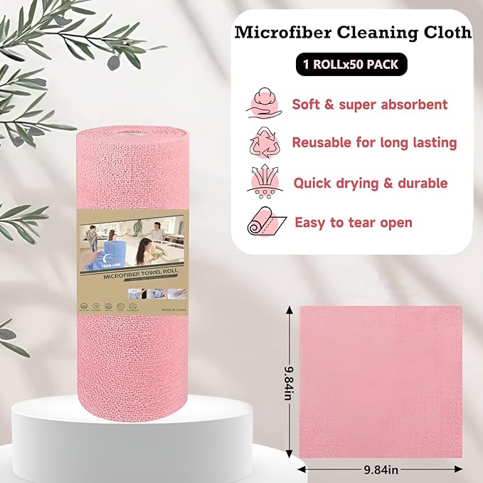 JINGYAN 50-Pack Microfiber Cleaning Cloth Roll, Pink Reusable Washable Tear Away Towels for Home, Car, Kitchen, Glass, Pets & Garage - 25x25cm
