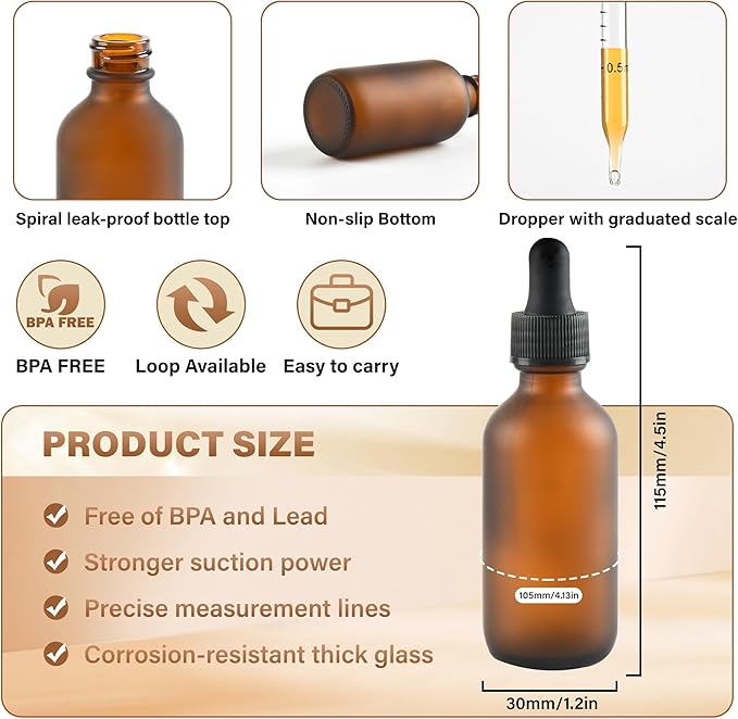 12 Pcs, 2oz Dropper Bottle, Amber Glass Eye Dropper Bottle, Tincture Bottles with Dropper, Pretty Finish, Leak-Proof Design, Stronger Suction for All Kinds of Mixed Liquids