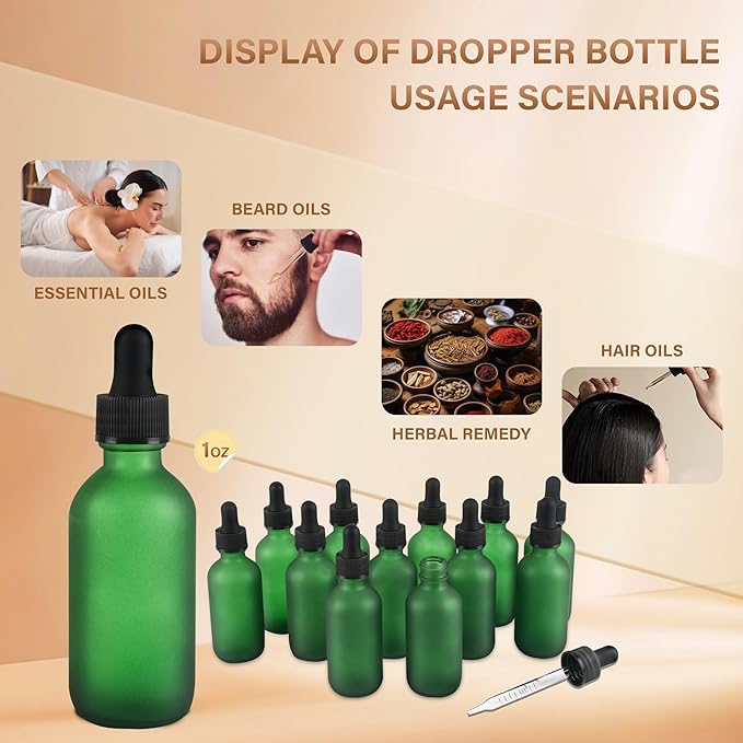 12 Pcs, 2oz Dropper Bottle, Green Glass Eye Dropper Bottle, Tincture Bottles with Dropper, Pretty Finish, Leak-Proof Design, Stronger Suction for All Kinds of Mixed Liquids