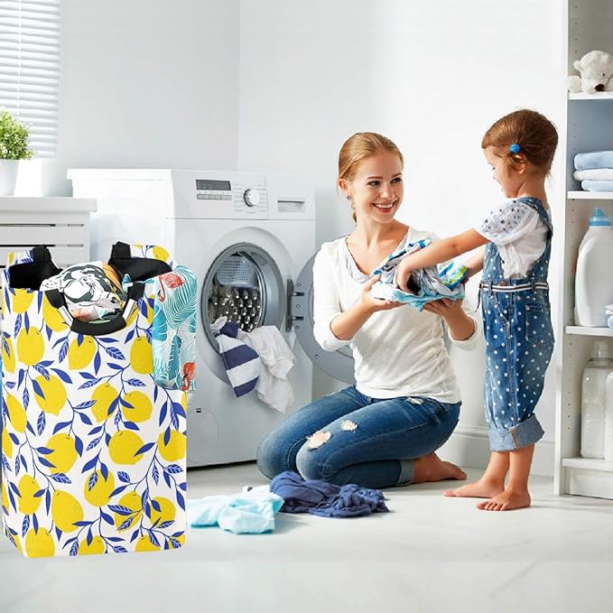 visesunny Collapsible Laundry Basket Yellow Lemon With Blue Leaf Large Laundry Hamper with Handle Toys and Clothing Organization for Bathroom, Bedroom, Home, Dorm, Travel