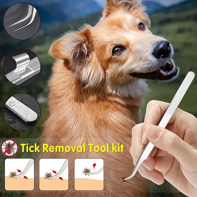 Tick Removal Tool for Dogs, Tick Tweezers Remover Tool Kit Quick Safe Tick Hook Flea Tick Tweezers Flea Comb Magnifying Glass for Dogs Cats