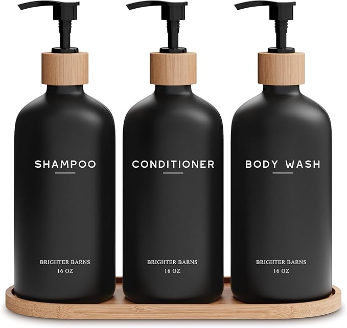 Black Shampoo and Conditioner Dispenser Set by Brighter Barns - Body Wash, Shampoo Dispenser for Shower with Pump - Refillable Plastic Shower Soap Dispenser for Bathroom Decor in Home, Airbnb (Black)