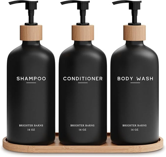 Black Shampoo and Conditioner Dispenser Set by Brighter Barns - Body Wash, Shampoo Dispenser for Shower with Pump - Refillable Plastic Shower Soap Dispenser for Bathroom Decor in Home, Airbnb (Black)