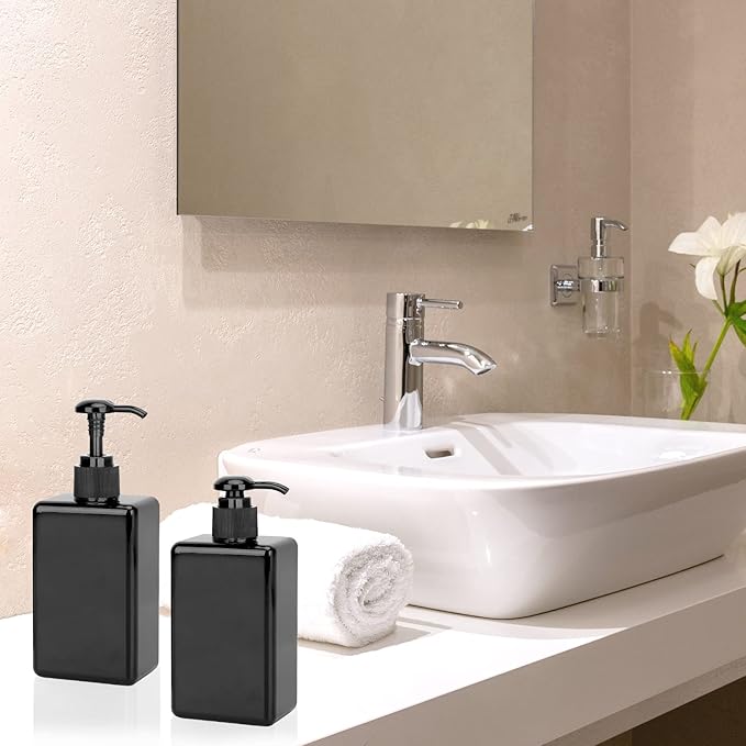 Suream Empty Shampoo Bottles with Pump, 3Pack 9.5oz/280ml Refillable Body Wash Dispensers for Shower, Black Plastic Countertop Soap Bottle for Bathroom, Kitchen Sink, Hotle, Salon