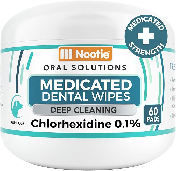 Nootie Medicated Dental Wipes for Dogs, Cleans Teeth and Freshens Breath for Dogs - Prevents Plaque and Tartar Dog Oral Care, 60 Count