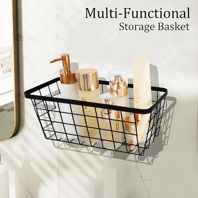 2 Pack Hanging Wall Basket Organizer Over the Cabinet Door Wire Baskets for Organizing -Space-Saving Hanging Baskets for Organizing Wall Mount Storage,No Drilling Adhesive Wall Storage Basket, Black