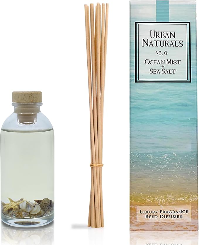 Urban Naturals Ocean Mist & Sea Salt Reed Diffuser Set | Made with Essential Oils & Real Seashells | Decorative Air Freshener Room Diffuser