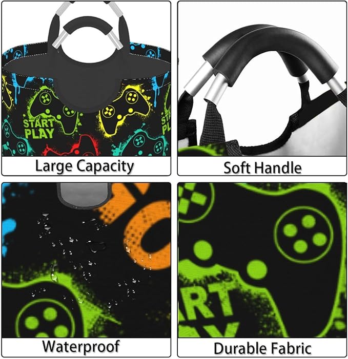 Game Theme Large Laundry Hamper Bag With Waterproof Liner - Gaming Joystick Silhouettes Laundry Basket Foldable Clothes Storage Organizer For Bathroom Bedroom Nursery Dorm