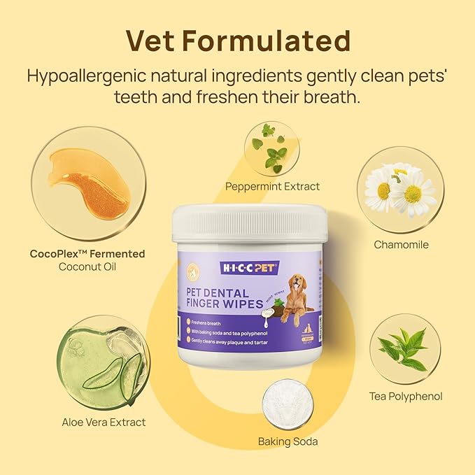 HICC Pet Teeth Cleaning Wipes for Dogs & Cats, Vet-Recommended Remove Bad Breath & Plaque & Tartar Buildup Dog Finger Toothbrush Wipes, No-Rinse Dog Tooth Brushing Kit Gentle Cleansing & Gum Care