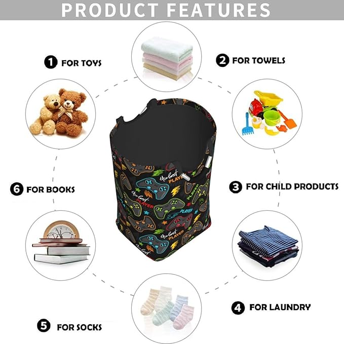 Video Game Gaming Joysticks Large Laundry Hamper Bag With Waterproof Liner - Laundry Basket Foldable Clothes Storage Organizer For Bathroom Bedroom Nursery Dorm