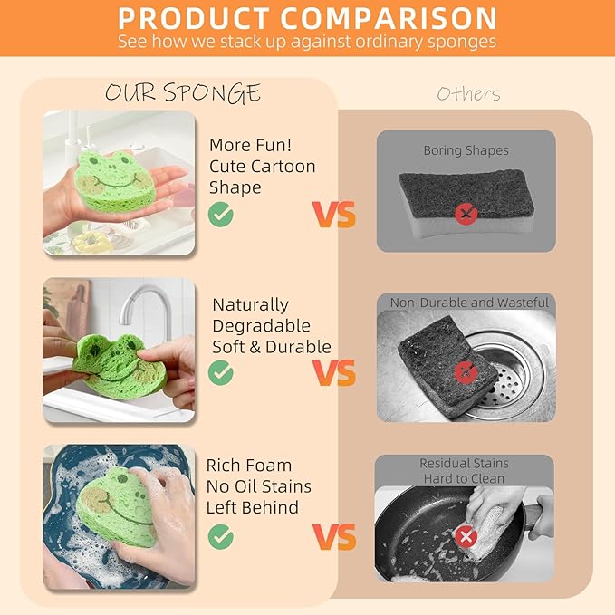 3 Pcs Cute Compressed Wood Pulp Cotton Sponges, Frog Animal-Shaped Reusable and Highly Absorbent for Dishwashing, Kitchen Surfaces, and Bathroom Cleaning