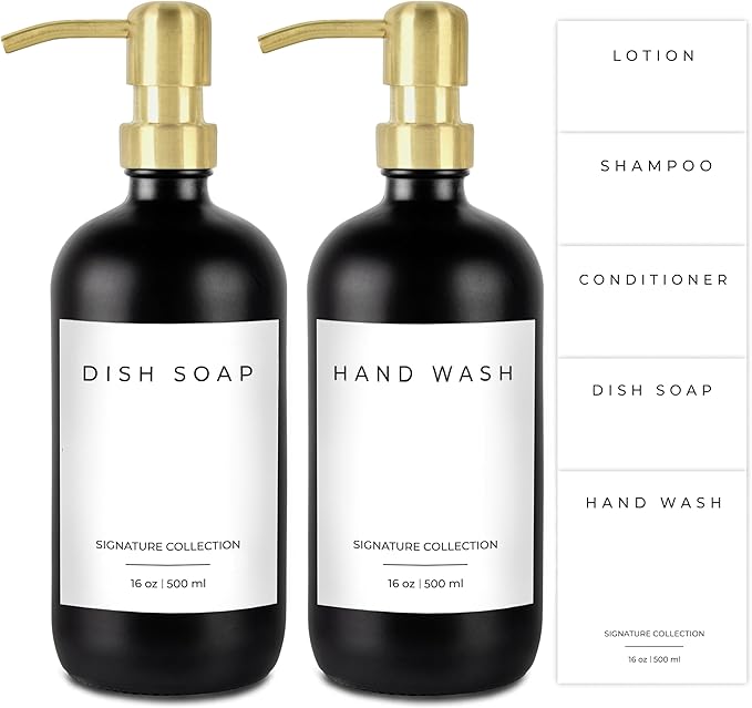 Emerson Essentials Dish Soap Dispenser for Kitchen, Dispenser Bathroom Set, Hand Soap Dispenser, Hand Wash and Dish Soap Set - Glass Dispenser with Pump and Labels