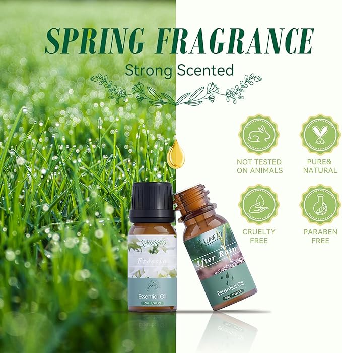 SALUBRITO Spring Fragrance Oils Set, Premium Essential Oils for Diffuser, Candle, Soap Making, After Rain, Gardenia, Fresh Cut Grass, Ocean Breeze, Freesia, Rose Geranium, Strong Scented Oils