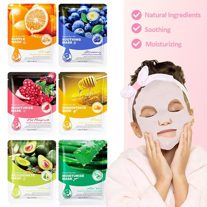 Kaely 6 Pack Variety Sheet Masks, Spa Party Face Masks for Kids Teens Skincare Set, Girls Night Facial Masks Skin Care, Moisturize Soothe for All Skin Types, Birthday Christmas Gifts, Set01
