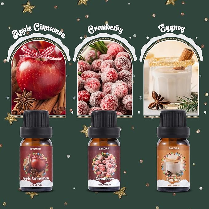 Christmas Essential Oils Gift Set, AVEOIRA Winter Fragrance Oil for Diffuser, Candle, Soap Making, Christmas Tree, Apple Cinnamon, Candy Cane, Gingerbread, Cranberry, Eggnog, Scented Oils, 6x10ml