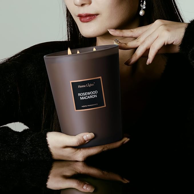 HomeLights Scented Candles | Large Jar Candle - 33.3 Oz. Natural Soy Aromatherapy Candles | Up to 70 Hours Burn Time with 3 Cotton Wicks, Home Decorative Fragrance Candles - Rosewood Macaron