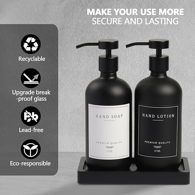 Black Soap Dispenser - Kitchen Hand Dish Soap Dispenser, Glass Bathroom Soap Lotion Dispenser with Tray, Dishwashing Liquid Dispenser, 14 Stickers, Black Bottle/Black Pump-pd