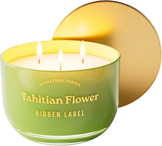 Hidden Label Tahitian Flower Scented Candles,3-Wick Aromatherapy Candle – 18oz, 70-Hour Burn Time, 100% Natural Soy Wax, Luxury Home Scent & Décor for Women and Men