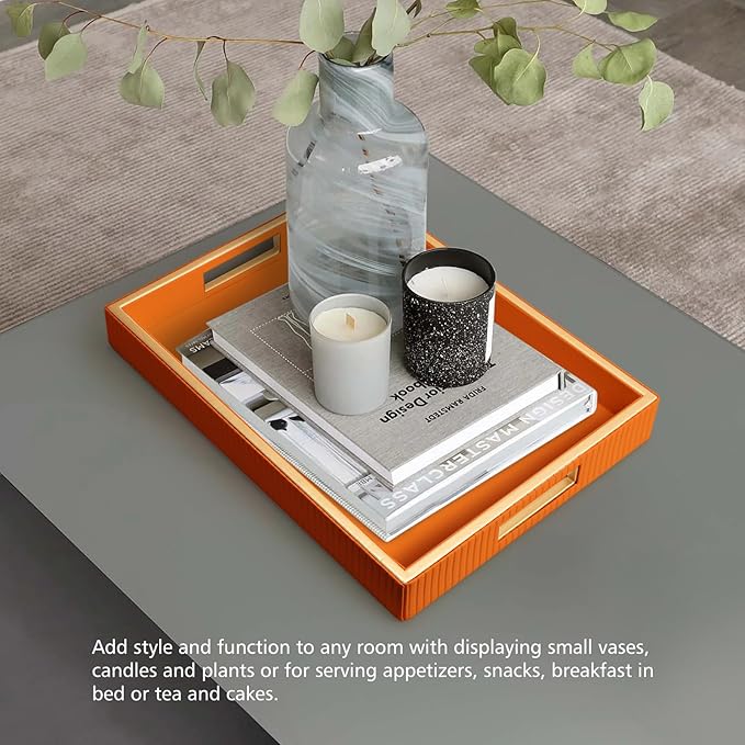 SANZIE Leather Tray Desktop Storage Organizer Premium Serving Tray Decorative Tray Valet Tray for Sundries Cosmetics Phone Wallet Cutlery, Rectangular, Orange