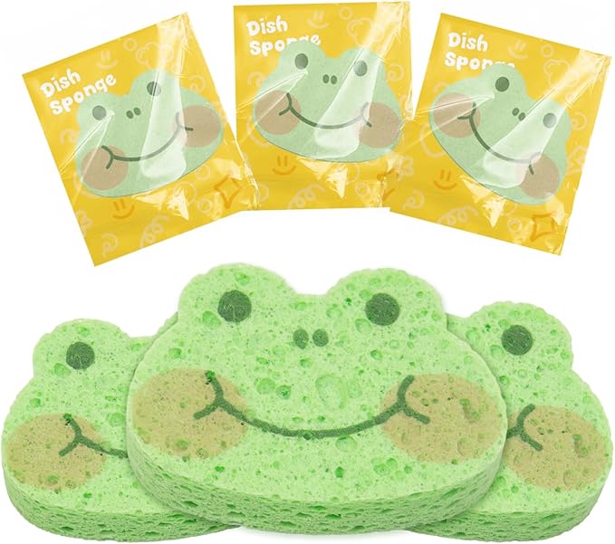 3 Pcs Cute Compressed Wood Pulp Cotton Sponges, Frog Animal-Shaped Reusable and Highly Absorbent for Dishwashing, Kitchen Surfaces, and Bathroom Cleaning