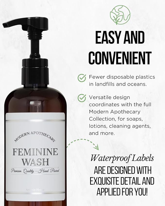 Refillable Amber PET Plastic 16 oz Feminine Wash Bottle with High Output Black Plastic Pump Dispenser - Chrome Accent Waterproof Labeled Bottle