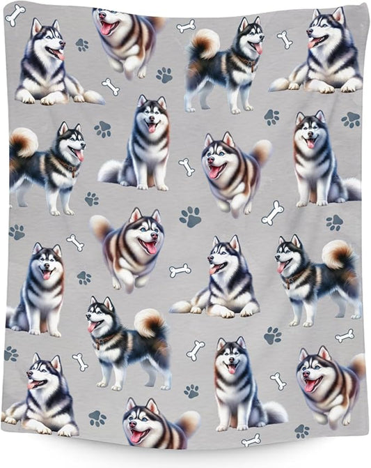 Husky Blanket for Adults - Dog Theme Gifts for Kids Dog Mom Dad - Warm Plush Throws Decor with Husky Print (50"x60")