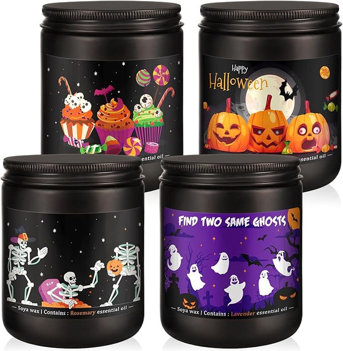 4 Pack Black Halloween Scented Candles -7oz Soy Wax Candles with Essential Oils (Rosemary, Vanilla, Gardenia, Lavender)