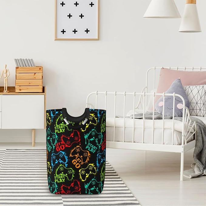 Game Theme Large Laundry Hamper Bag With Waterproof Liner - Gaming Joystick Silhouettes Laundry Basket Foldable Clothes Storage Organizer For Bathroom Bedroom Nursery Dorm
