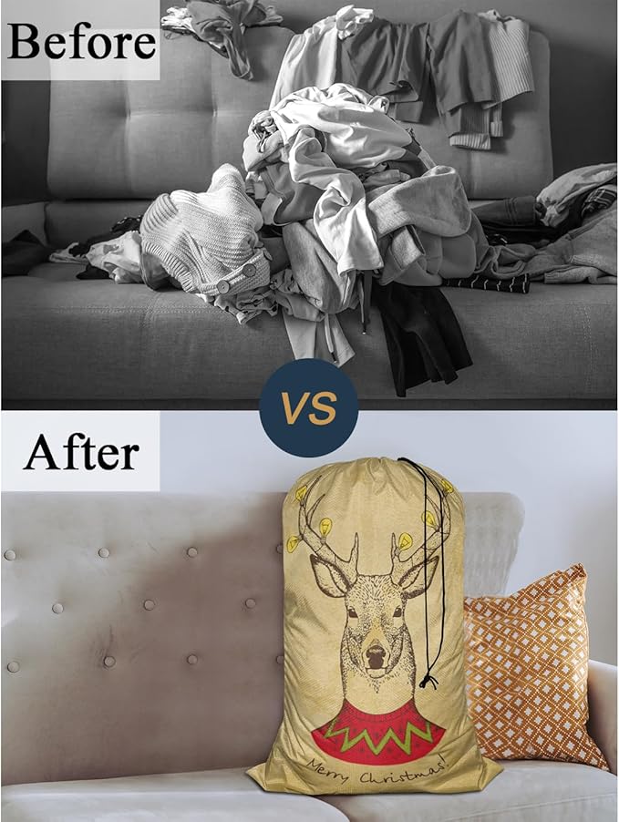 Swono Vintage Christmas Deer Drawstring Portable Large Capacity Laundry Bags Retro Merry Christmas Big Antler Yellow Bulb Travel Storage Bags for, Apartments, Vacations, College