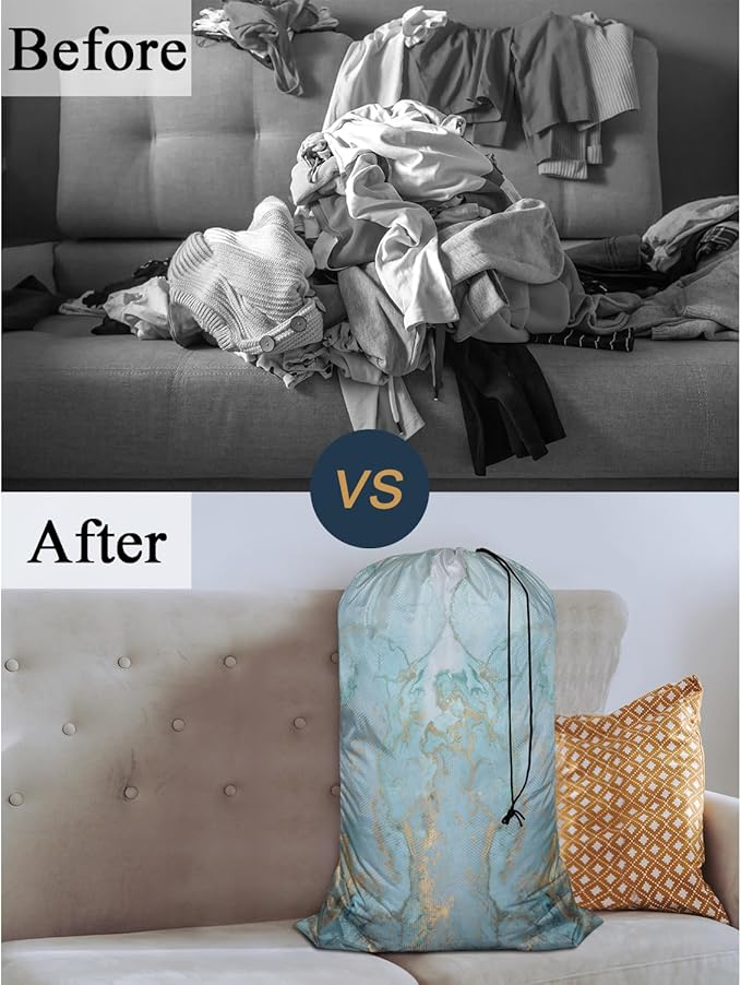 Swono Marble Stone Laundry Bag with Drawstring Closure, Foldable, Compact, Lightweight, 28" X 40" Blue Golden Liquid Lines Packable Dirty Clothes Pouch for College Dorm, Camp, Road Trip, Cruise or Gym