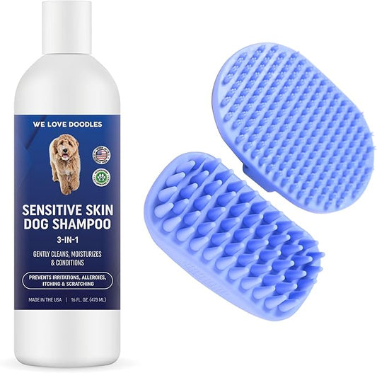 We Love Doodles Premium 3-in-1 Sensitive Skin Dog Shampoo and 2 Pack Bath Brush - for Allergies, Itching, Scratching, Made in USA, Pet Rubber Brush for Shower Scrubbing & Soothing Massage