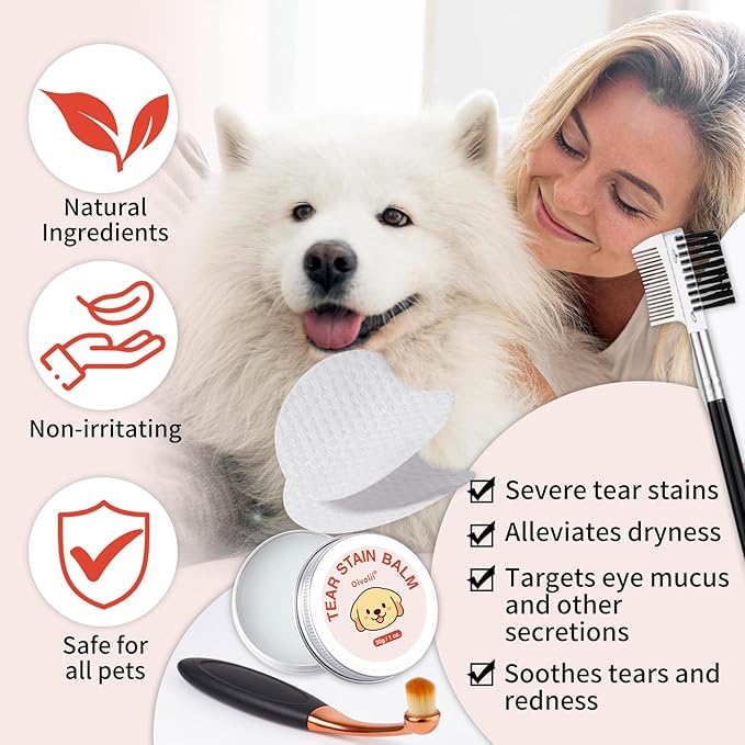 Tear Stain Remover Kit for Dogs & Cats with Tear Stain Comb, Tear Stain Balm, Eye Cotton Pads, Pro Powder Brush Gently Remove Tear Stain, Eye Debris, Discharge, Mucus Secretions