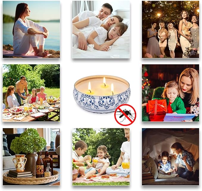 Citronella Candles Outdoor, Large 3 Wicks Soy Wax Candles in Blue and White Tin with Lid, 75 Hour Burn for Patio, Yard, Balcony, Camping, Indoor