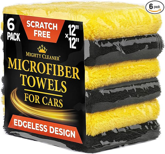 Edgeless Microfiber Towels for Cars – 6pk (12”x12”) - 540 GSM - Super Soft Detailing & Buffing – Scratch-Free & Absorbent Microfiber Cleaning Cloths for Car Polishing