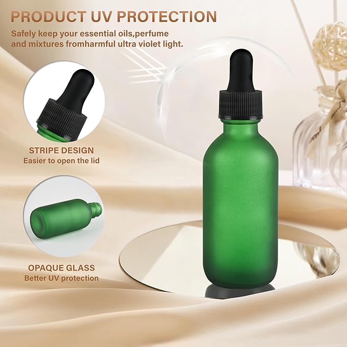12 Pcs, 2oz Dropper Bottle, Green Glass Eye Dropper Bottle, Tincture Bottles with Dropper, Pretty Finish, Leak-Proof Design, Stronger Suction for All Kinds of Mixed Liquids