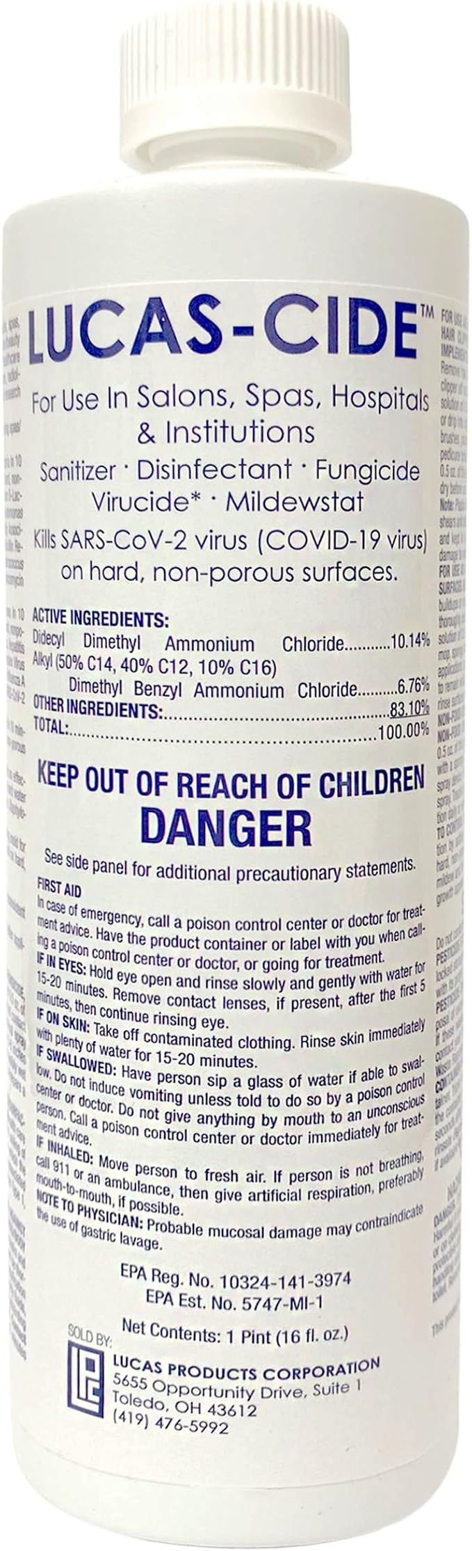 LUCAS-CIDE Salon and Spa Disinfectant Multipurpose Surface Sanitizer, EPA Disinfectant Cleaning Supplies Solution 16 Fl Oz - Blue
