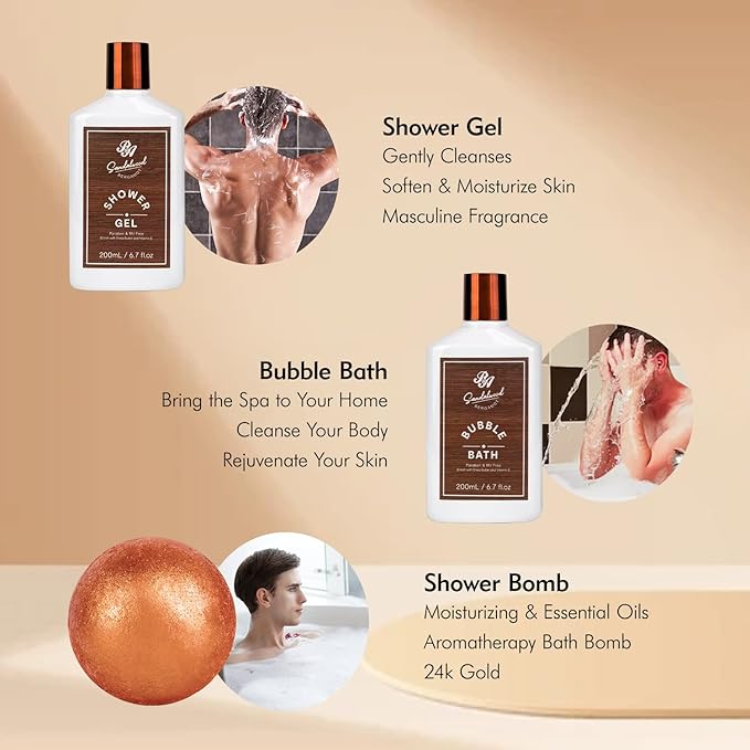 Bath Gift Set & Beard Kit with Leather Bag, 21pcs Sandalwood Bergamot Home Spa Kit, Relaxing Men's Body Wash Gift Basket & More for Christmas, Birthday, Father's Day Gift, Dad, Boyfirend, Husband